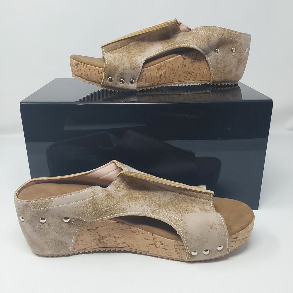 FME Womens Cork Wedge Slide Sandals Beige Open Toe Comfort Mules EU 42 US 11-12